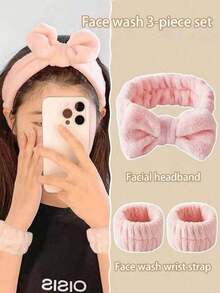 3/2 pezzi Set Fascia per Capelli e Polsino, Fascia per Capelli con Fiocco + Polsino, Fascia per Spa Riutilizzabile e Polsino, Fascia per Capelli in Peluche Tinta Unita, Cerchietto Morbido, Fascia per Yoga, Fascia per Trucco Facciale Elastica Regolabile, Fascia per Doccia