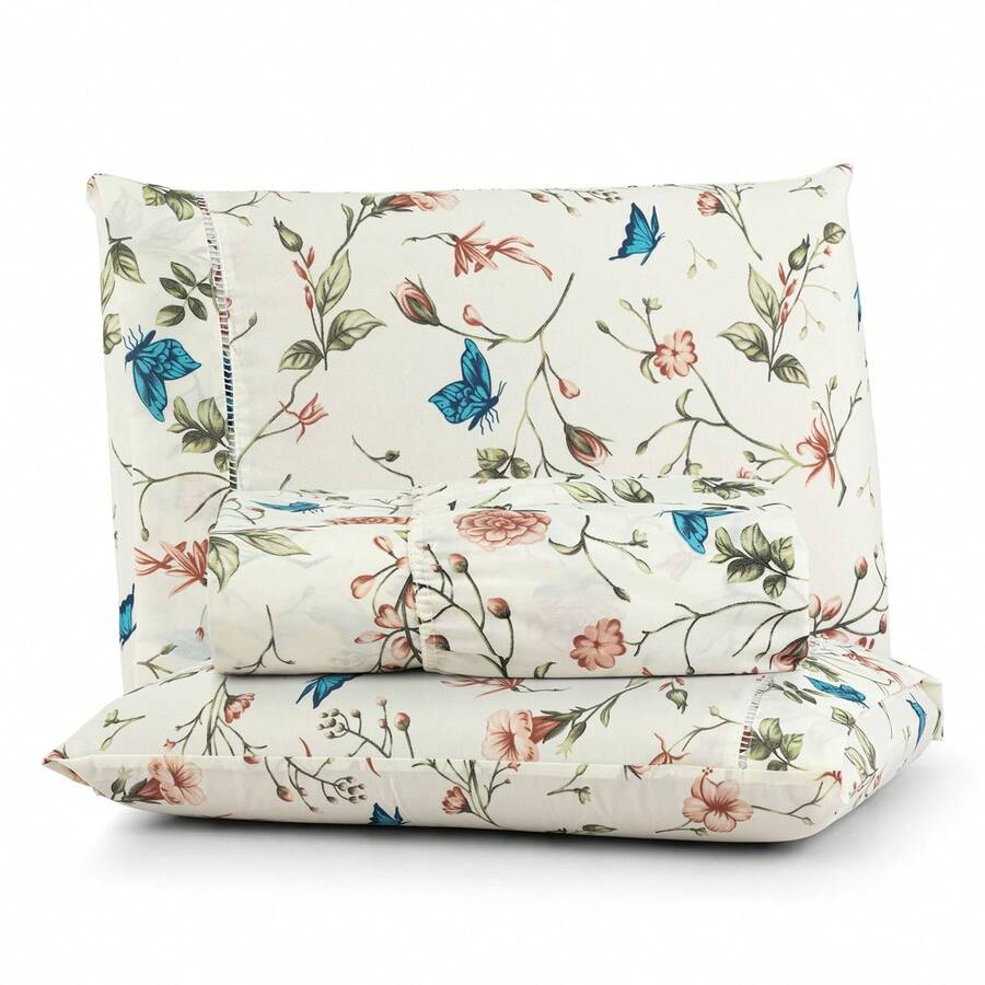 Premium Printed Fitted Sheet Set With Elastic + Pillowcases, 200 Thread Count, Single, Full, Queen And King Sizes, Hypoallergenic - Garden - View 1