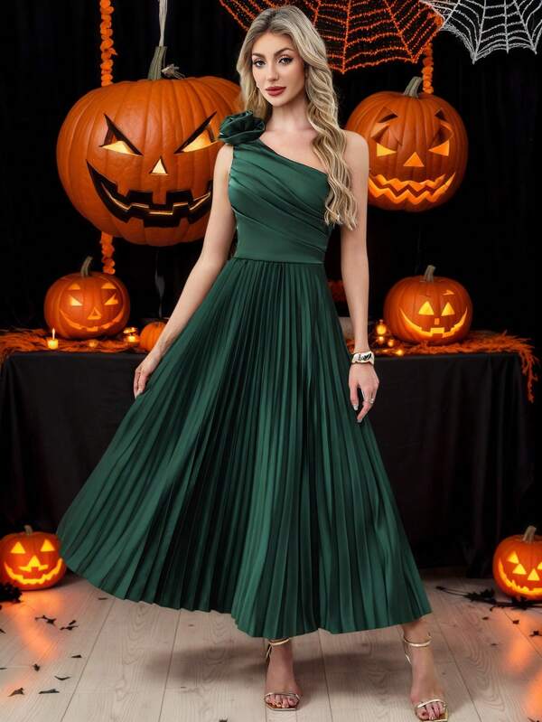 Vestido de satén elegante de un solo hombro con decoración de lazo 3D, falda plisada de cintura alta con corte A y abertura lateral, adecuado para fiestas, banquetes, bodas, dama de honor