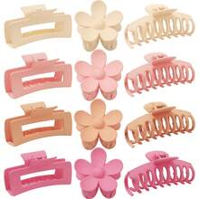 12 Pack Large Hair Claw Clips Flower Hair Clips Big Matte Banana Clips, 4 Colors Big Rectangular Matte Strong Hold Jaw Clips For Thick Hair, 3 Styles Hair Claw Clips For Women - Pink, Light Pink, Khaki, Light Khaki - View 1