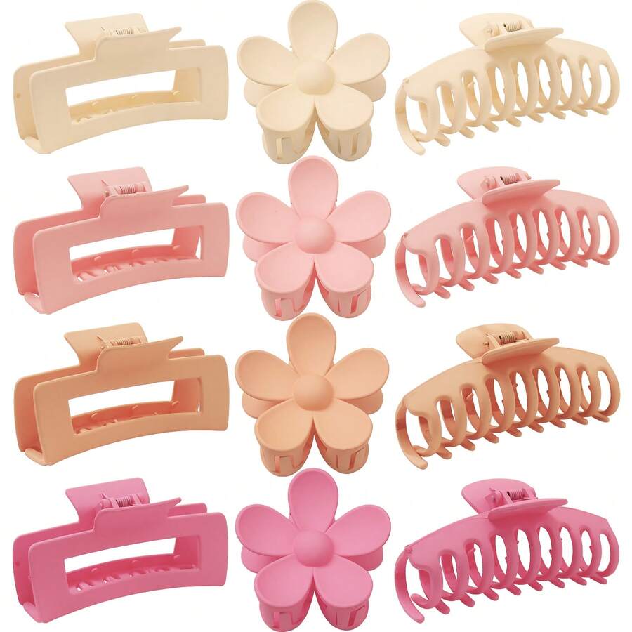 12 Pack Large Hair Claw Clips Flower Hair Clips Big Matte Banana Clips, 4 Colors Big Rectangular Matte Strong Hold Jaw Clips For Thick Hair, 3 Styles Hair Claw Clips For Women - Pink, Light Pink, Khaki, Light Khaki - View 1