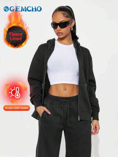 GEMCHO 女士休闲宽松开襟落肩抽绳连帽卫衣外套，带口袋，适合日常通勤/休闲外出/居家/运动，保暖舒适 - 秋冬季