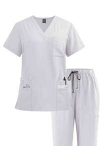 Fade Proof Scrub Set With V Neck Top And Straight Leg Pants Offering Nine Pockets And A Comfortable Fit - trắng - Xem 5