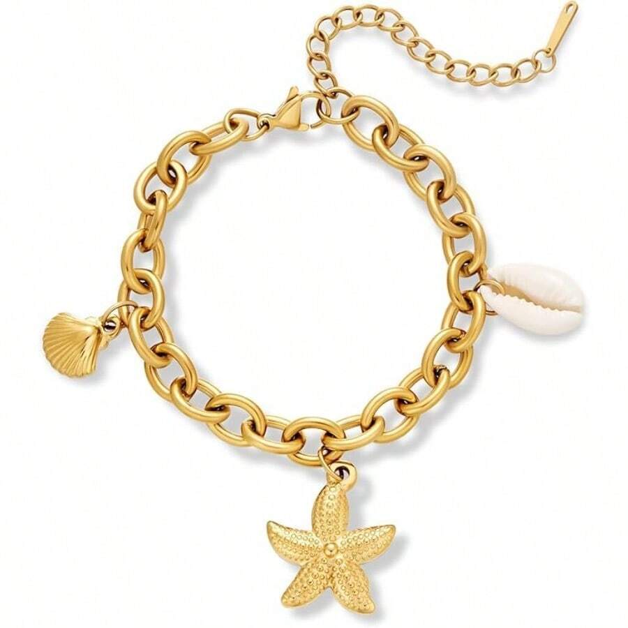 Gold Chain Link Bracelet For Women 8mm Wide Cable Chain With Multi Shell And Starfish Charms Adjustable Beach Bracelet Medium Stainless Steel No Gemstone