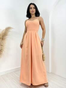 Long Dress With Adjustable Straps Lastex Waisted Fits 36 To 44 Women's Elastex Dress With Adjustable Back From 36 To 44 Comfortable Elastex Waisted Dress With Adjustable Straps - 橘色 - 查看 1