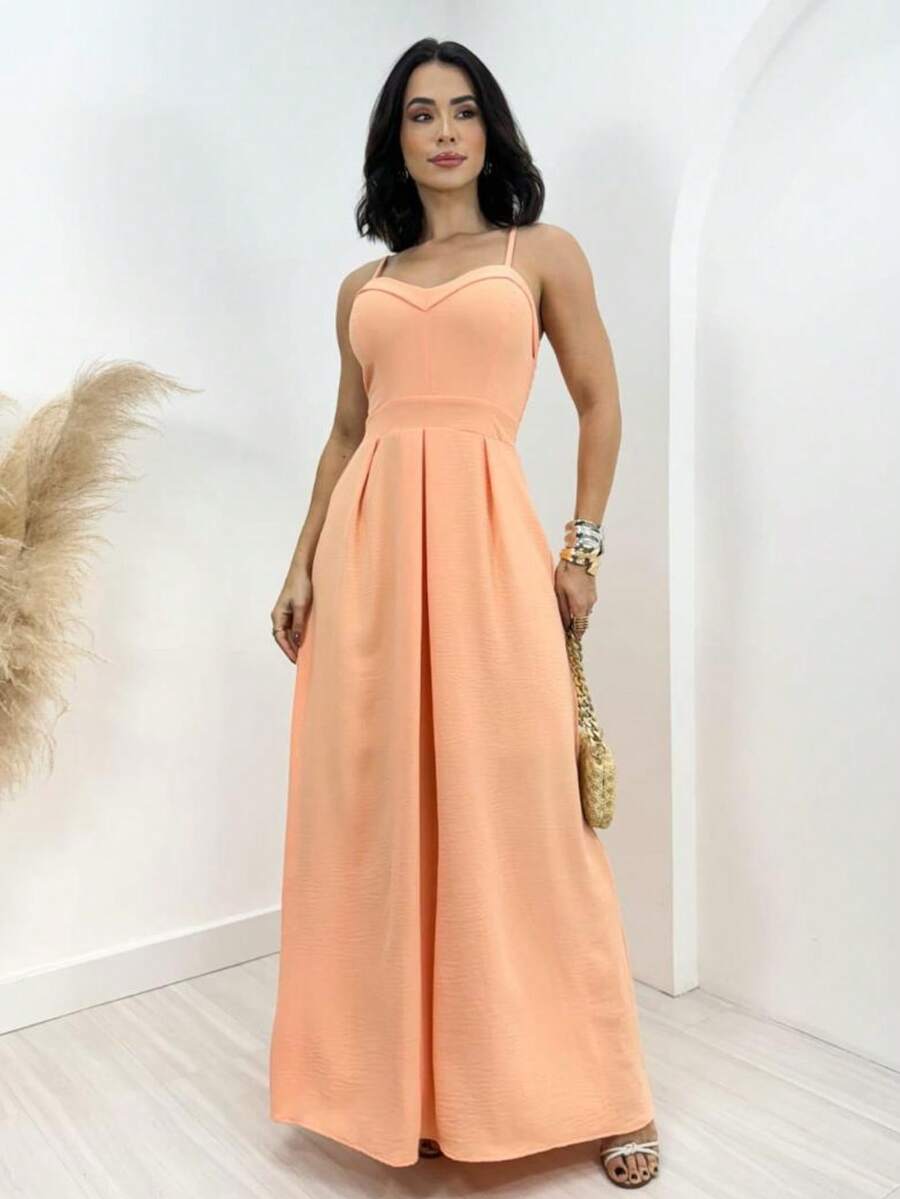 Long Dress With Adjustable Straps Lastex Waisted Fits 36 To 44 Women's Elastex Dress With Adjustable Back From 36 To 44 Comfortable Elastex Waisted Dress With Adjustable Straps - 橘色 - 查看 1