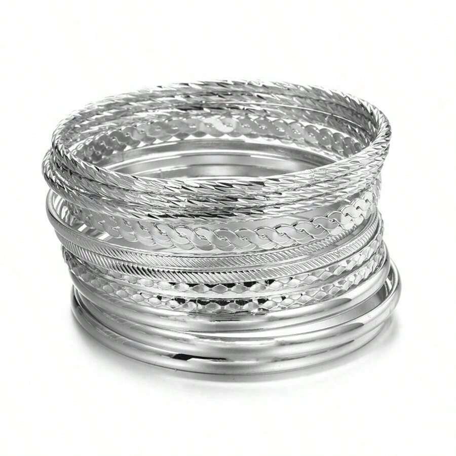 Set de 12 pulseras brazalete de metal con diseño geométrico, color plateado - Plata 2 - Ver 1