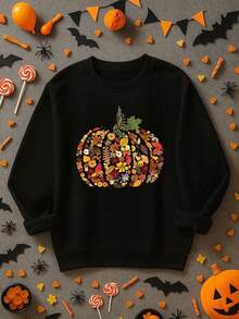 Halloween Floral Pumpkin Sweatshirt - Halloween Gift Idea Fun Flower - Collage Pumpkin Top - Halloween Sweater - Plant - Pattern Women's Sweatshirt,Fall Hoodies,Men's Fall Clothes,Street Wear,Halloween,Mens Hoodies,Y2k Clothes,Jesus Hoodie,Thanksgiving Day,Nightmare Before Christmas,Christmas - Black - View 1