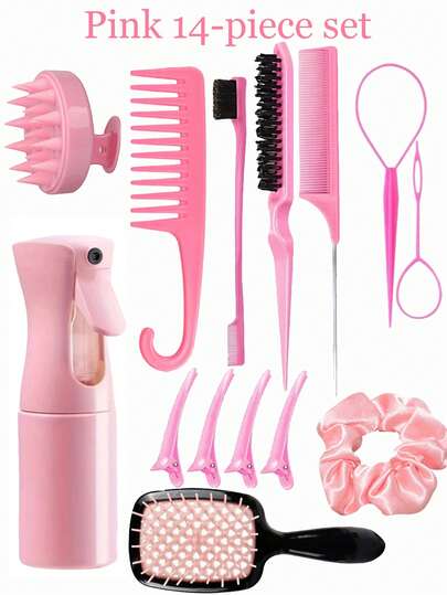 13pcs Hair Brush Set, Unisex, Includes Detangling, Edge Shaping, And Back Combing Functions, 9-Row Brush, Detangling Spray Bottle, Scalp Massage Shampoo Brush, High-Quality Wide-Tooth Comb, Floral Hair Clips, Styling Brush Set