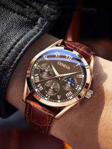1pc/Set Men's Business Three-Eye Roman Dial Quartz Leather Strap Watch, Suitable For Daily Wear, Birthday, Gift For Men, Anniversary, Halloween And Other Holiday Gifts, No Gift Box - Rose Gold - View 3