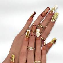 NailLuxe 10 PCS Handmade Long Press - On Nails | Brown - Toned Angel Pearl Long Nails With Acrylic Exquisite Details, Angel & Pearl Embellishments & Elegant Styles - 金色 - 查看 3