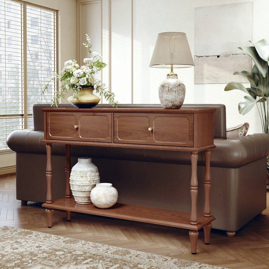 42" Mid Century Console Table, Aged Finish Entryway Table With Storage Shelf For Hallway - màu nâu - Xem 1