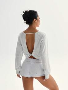 Bestseller! Light Gray Open - Back Cropped Long - Sleeve Top, Lazy And Sexy