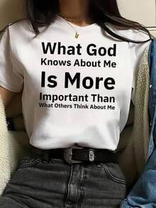 CHICLY19  Christian Quote "What God Knows About Me" Graphic Cotton Tee, Women's Faith Statement Print T-Shirt, Casual Crew Neck Short Sleeve Oversized White Top, Religious Self-Love Aesthetic Cotton Tee For Everyday & Church Wear - White - View 6