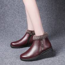 Soft Sole Winter Leather Shoes, Comfortable Middle-Aged & Elderly Women's Thermal-Lined Thick Warm Flat Ankle Boots - Burgundy - View 7