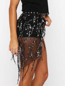 Women Belly Dance Sequin Tassel Hip Scarf Triangle Belt Wrap Skirts Music Festival Sheer Mesh Waist Chain - 黑色 - 查看 7