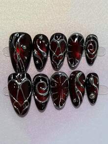 Ten Pieces Of Gothic Punk Handmade Nail Art, Medium Almond Press-On False Nails, High-End Luxury Nail Art, Gothic Punk Retro Style, Nail Art, Women's Gift, Suitable For Girls And Ladies To Wear Every Day At Party Nail Supplies Handmade Press On Nails - Multicolor - View 8