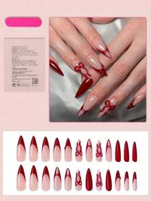24pcs Long Pointed French Manicure Nail Stickers, Red French Tip Design With 3D Bow, Red 3D Line Art, Elegant Glossy, Full Coverage, Suitable For Women And Girls Fake Nails - 紅色4 - 查看 3