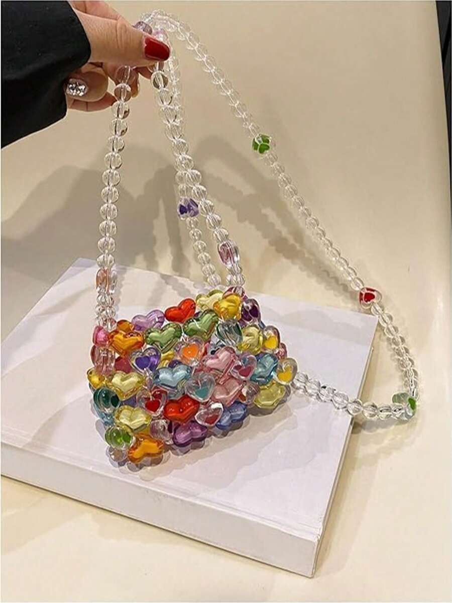 Oaoleer Mini Acrylic Beaded Crossbody Handbag Candy Color Handmade Pearls Purse For Women Children Party,Perfect For Music Festival, Perfect Valentine's Day Gift For Her, Best Valentines' Gift Choice Ever, Fashionable Heart Purse, Perfectly Match With Valentine Day Dress - 彩色 - 查看 1