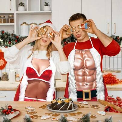 1 pieza, 2 piezas, Delantal con tema navideño, Adecuado para chefs masculinos y femeninos, Estilo de pareja, Se puede usar para delantal de celebración de fiesta de Navidad, Delantal protector contra el polvo, Regalo navideño