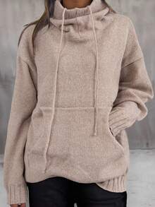 Plus Size Casual Loose Cowl Neck Drawstring Knit Sweater, For Winter - Khaki - View 2