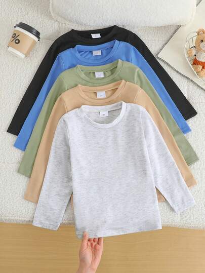 5 sztuk/zestaw chłopięcych, swobodnych, jednolitych kolorów, miękkich i wygodnych, dzianinowych koszulek z długim rękawem, odpowiednich do noszenia na zewnątrz, jesień/zima