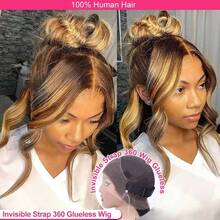 Hidden Strap 360 Body Wave Lace Front Wigs Human Hair 250% Density Drawstring Honey Blonde Body Wave Human Hair Wig 13x4 HD 4/27 Highlight Lace Front Wigs Brazilian Ombre Colored Human Hair Wig For Women - S4/27 - 查看 4
