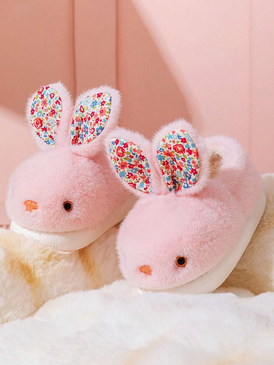 1 Pair 2025 New Autumn/Winter Home Slippers, Suitable For Girls, Warm & Comfortable With Cartoon Rabbit Decor, Great For Baby Birthday Gift - Pink - View 1