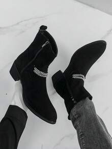 Herren Chunky Heel Chelsea Boots, spitze Zehenkappe mit Ketten Dekor, Western Stil Stiefel, Schwarz