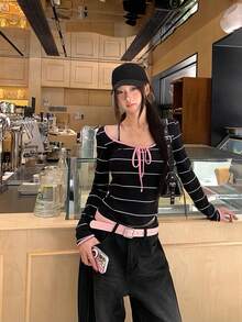 Vintage Long Sleeve Striped T-Shirt, Fitted Women Top For Spring Summer Black - Black - View 2