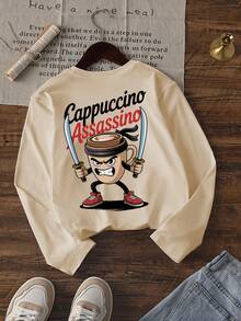 1pc Boys' Casual Cool Graphic Print Crew Neck Long Sleeve T-Shirt, Loose Fit Student Streetwear Top, Autumn, Young Silhouette Design - Apricot - View 2