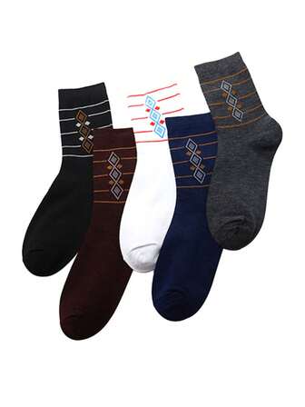 5 Pairs Men's Striped Diamond Pattern Business Casual Thick Mid-Calf Socks, Suitable For Spring, Autumn And Winter