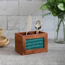 Handcrafted Mango Wood Cutlery Holder With Artistic Metal Handle| Flatware Silverware Caddies Utensils Cutlery Holder Ideal For Countertop And Party Use - Brown - CADDY-sTYLE 06 - View 12