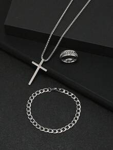 Juego de 3 piezas de joyería de moda de acero inoxidable para hombres, que incluye collar de cruz, pulsera y anillo giratorio, adecuado para uso diario y decoración - Multicolor - Ver 2