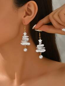 1 Pair Elegant Christmas Tree & Star Faux Pearl Drop Earrings With Tassel, Suitable For Women's Daily, Party, Music Festival, Family Gathering, Christmas & New Year Gift