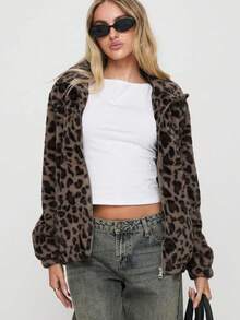 Autumn/Winter Fashionable Leopard Print Fleece Jacket With Zipper Pockets - Brown - View 6
