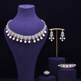 Luxury Dubai Bridal Party 4 PCS Big Jewelry Set Water Drop Cubic Zirconia Water Drop Necklace For Wedding Prom Accessories