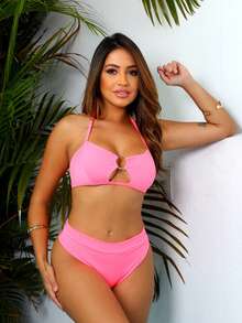 High Waist Bikini With Stainless Steel Ring – Elegance, Comfort And Perfect Fit | Available In Sizes XS, S, M And L - 霓虹玫瑰 - 查看 3