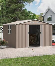 10FT X 8FT Outdoor Storage Shed, Waterproof Lockable Door Metal Tool Shed With Sliding Door And Ventilation, Gardening Tool Storage Room, Metal Storage Shed For Gardens And Lawns,23947867 - 巧克力棕 - 查看 1