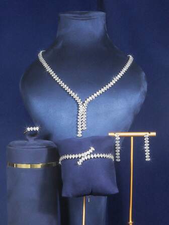 1 Set Bridal Wedding Jewelry Set: 1pc Copper Base Sparkling Zirconia Necklace, 1pc Luxurious Zirconia Bracelet, 1 Pair Elegant Zirconia Earrings, 1pc Graceful Zirconia Ring, Suitable For Wedding, Party, Banquet, Bridal Photography, Gift Giving