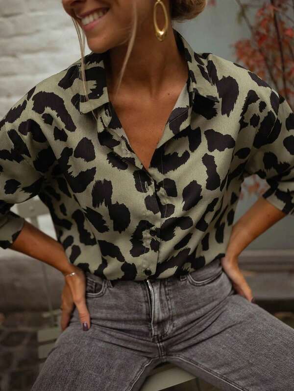 Blusa casual de mujer de talla grande con estampado de leopardo, camisa suelta de manga larga con botones delanteros para el trabajo y las vacaciones, otoño/invierno