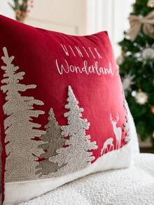 1pc Christmas Red Christmas Tree & Reindeer Embroidered Cushion Cover, Suitable For Indoor Decor, Christmas Decorative Pillow Cover, Pillow Insert Not Included - Red - View 5