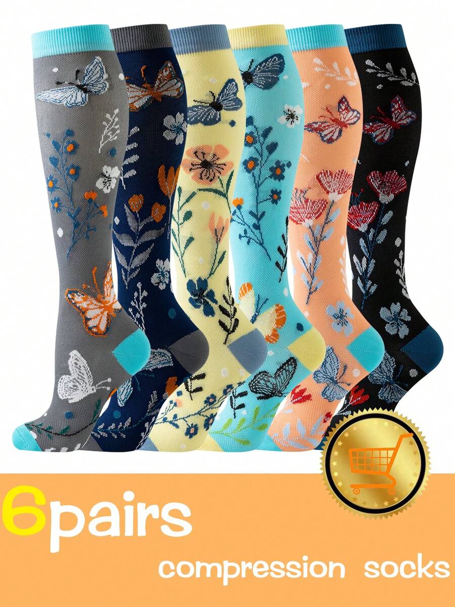 6 Paar Blumen Kompressionsstrümpfe Damen Herren atmungsaktive Kniestrümpfe Damen Sportkompressions-Socken für Laufen, Radfahren, Wandern, Krankenschwester Blumen Kompressionsstrümpfe Geburtstagsgeschenk Kompressionsstrümpfe 2026 Neuankömmling