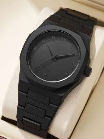 1 件男士黑色表带时尚休闲学院风条形刻度表盘石英表适合日常佩戴或节日礼物