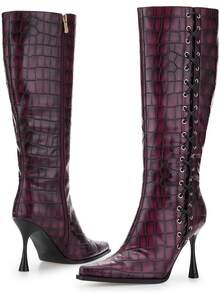 Kylasien Stiletto Heel Wide Calf Boots For Women, Pointed Toe Knee High With Side Zipper, Long Fashion Boots For Party​ - Màu Đỏ Sâu - Xem 2