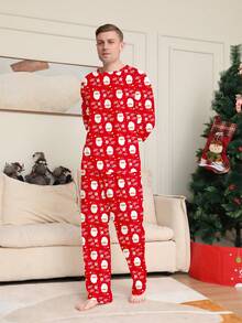 Lo Rrtta 2pcs Santa Claus & Celebration Letter Print Graphic Crew Neck Long Sleeve Men's Pajama Set, Fall & Winter Clothes - Multicolor - View 5