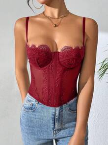 Lace Bustier Corset | Mesh Insert Spaghetti Straps Slim Fit Top - Màu Đỏ Sâu - Xem 3