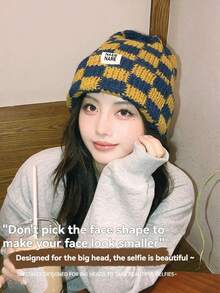 Gorro tejido con patrón de color a cuadros de otoño/invierno, gorro unisex para resaltar el rostro, orejera de mujer para mantener el calor en el frío