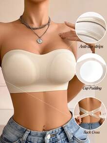 Women's Seamless Wireless Strapless Bandeau Bra, Cross-Side Hook Tube Top With Soft Padding, Breathable Comfortable Daily Lingerie - Coffee Brown - View 2