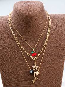 Un conjunto de tres diseños de moda y atmosféricos con un colgante de estrella hueca de tres capas con forma de animal octagonal de cereza para el collar de mujer - Multicolor - Ver 2